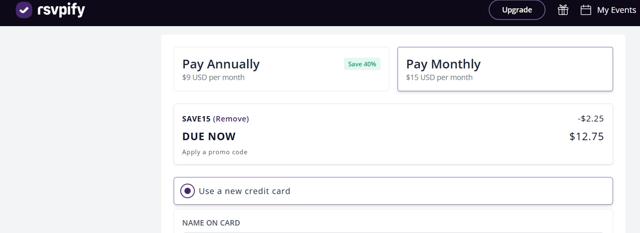 RSVPify checkout page showing RSVPify promo code box | Screenshot taken by SimplyCodes community member on Mar 10, 2025