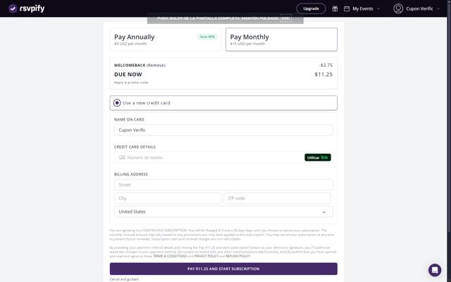 RSVPify checkout page showing RSVPify promo code box | Screenshot taken by SimplyCodes community member on Feb 25, 2025