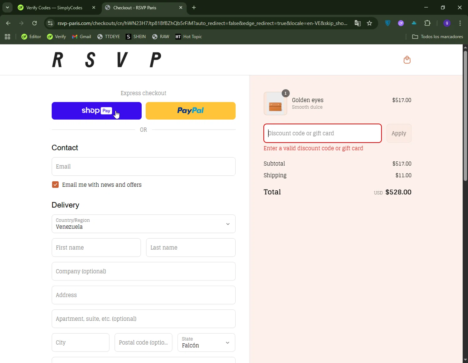 RSVP Paris discount code screenshot showing code HI5 applied at RSVP Paris checkout page. Uploaded by SimplyCodes community member CapitanCentella on Aug 21, 2025