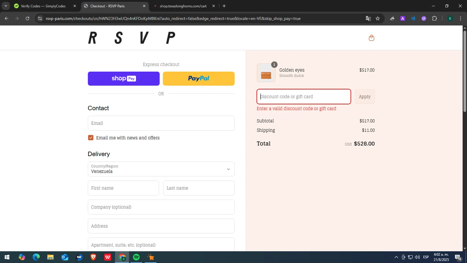 RSVP Paris discount code screenshot showing code HI5 applied at RSVP Paris checkout page. Uploaded by SimplyCodes community member yasabesssss on Aug 21, 2025