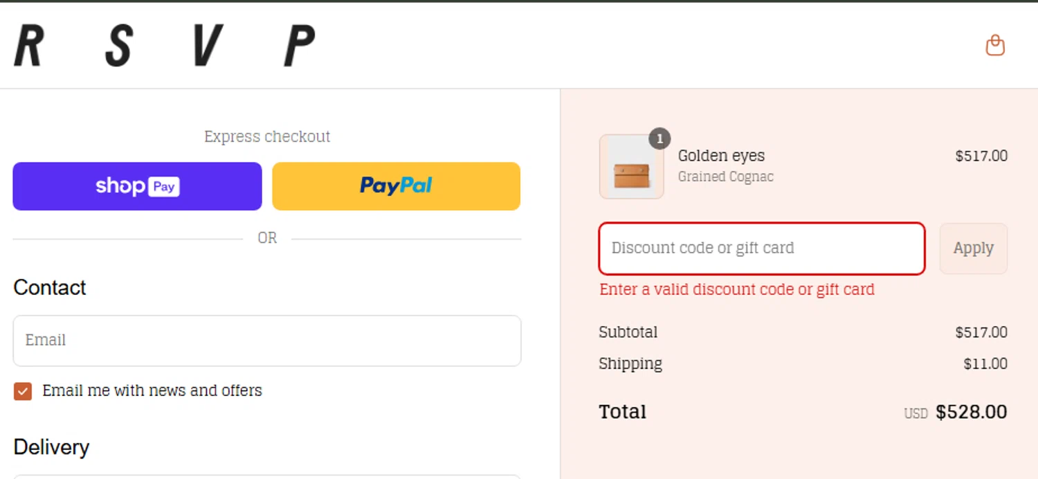 RSVP Paris discount code screenshot showing code HIFIVE applied at RSVP Paris checkout page. Uploaded by SimplyCodes community member CouponLion324 on Aug 21, 2025