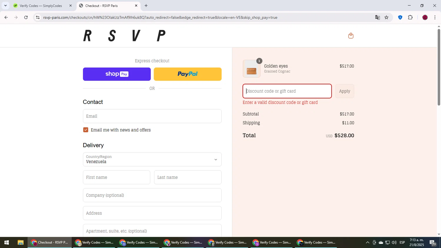 RSVP Paris discount code screenshot showing code HIFIVE applied at RSVP Paris checkout page. Uploaded by SimplyCodes community member MightyLegend6657 on Aug 21, 2025