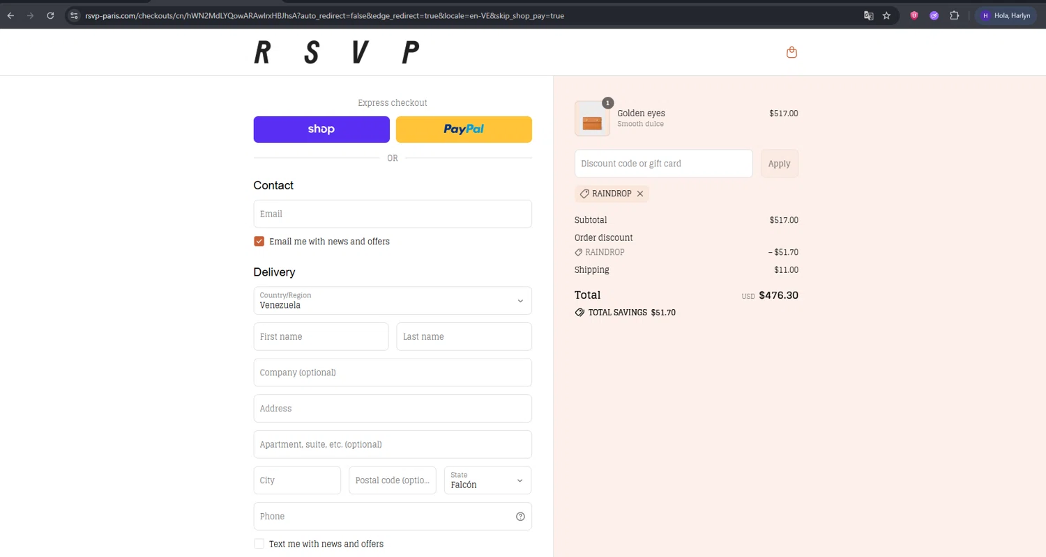RSVP Paris discount code screenshot showing code RAINDROP applied at RSVP Paris checkout page. Uploaded by SimplyCodes community member RebateVirtuoso9954 on Aug 29, 2025