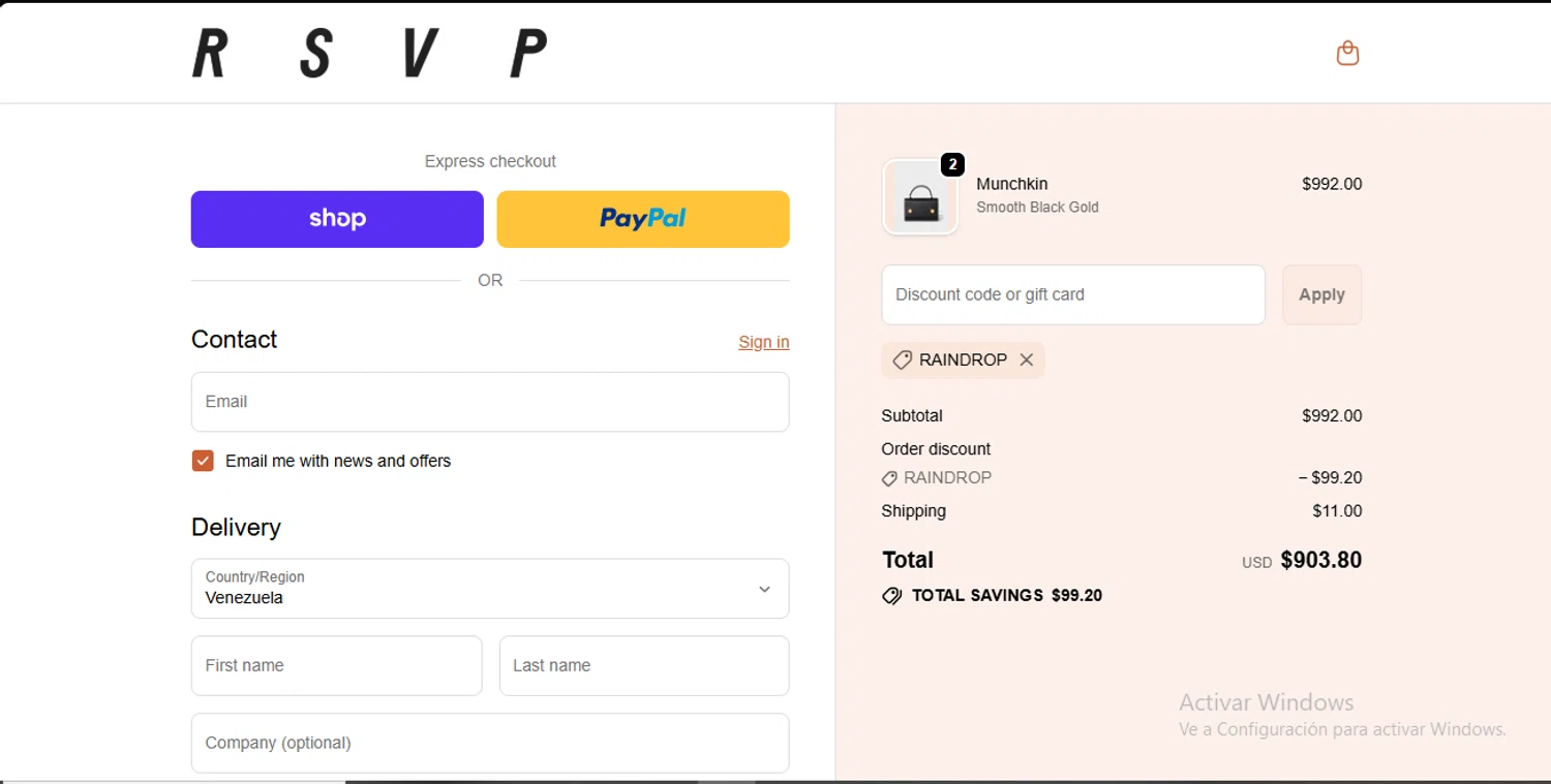 RSVP Paris discount code screenshot showing code RAINDROP applied at RSVP Paris checkout page. Uploaded by SimplyCodes community member RewardLynx9164 on Oct 25, 2025