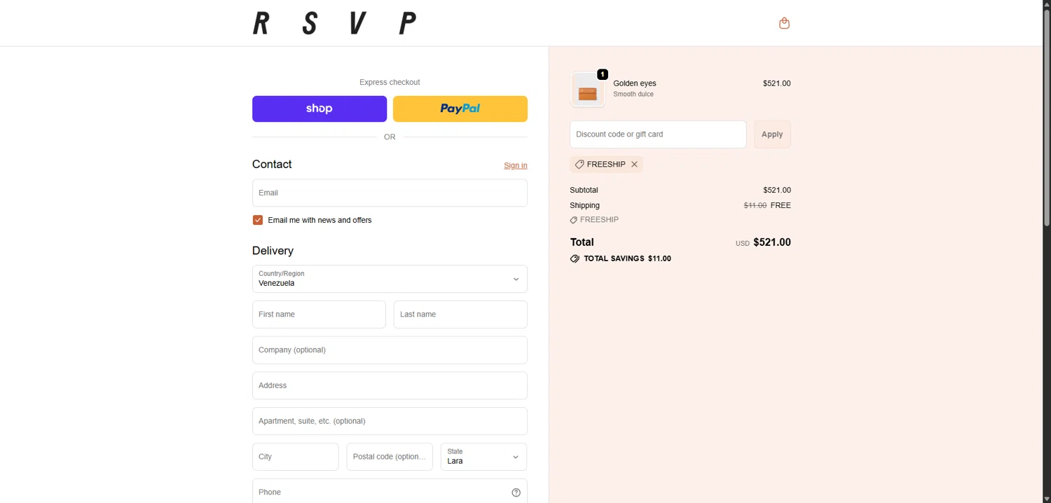 RSVP Paris discount code screenshot showing code FREESHIP applied at RSVP Paris checkout page. Uploaded by SimplyCodes community member TreasureScholar8716 on Jan 5, 2026