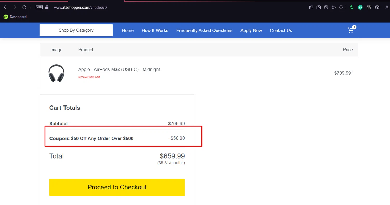 RTBShopper checkout page showing RTBShopper coupon code box | Screenshot taken by SimplyCodes community member on Oct 17, 2024