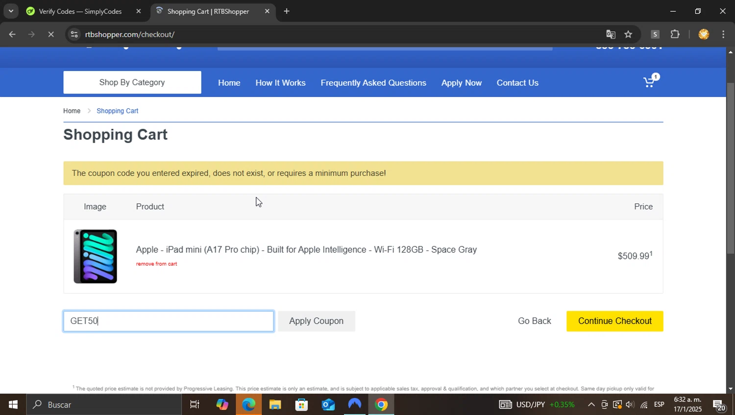 RTBShopper coupon code screenshot showing code GET50 applied at RTBShopper checkout page. Uploaded by SimplyCodes community member vasijadeaceite on Jan 17, 2025
