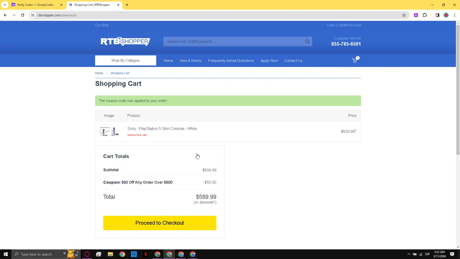 RTBShopper checkout page showing RTBShopper coupon code box | Screenshot taken by SimplyCodes community member on Mar 11, 2024