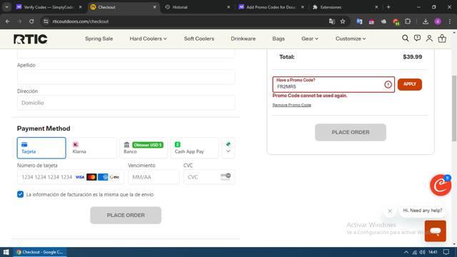 RTIC Outdoors checkout page showing RTIC Outdoors promo code box | Screenshot taken by SimplyCodes community member on Mar 18, 2024