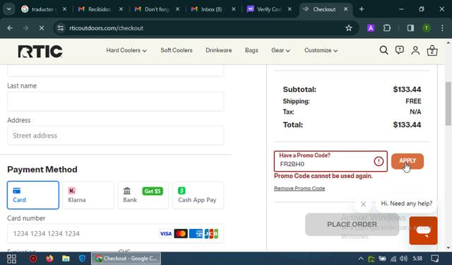 RTIC Outdoors checkout page showing RTIC Outdoors promo code box | Screenshot taken by SimplyCodes community member on Apr 3, 2024