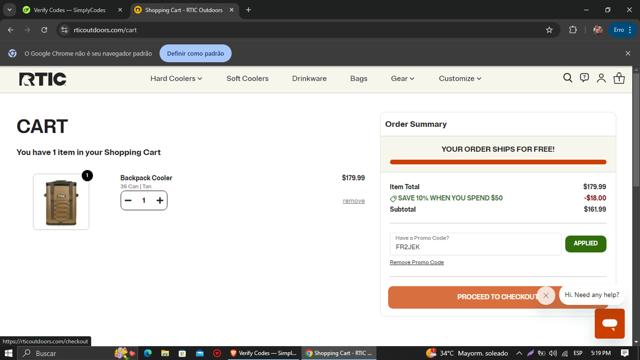RTIC Outdoors checkout page showing RTIC Outdoors promo code box | Screenshot taken by SimplyCodes community member on Sep 8, 2024