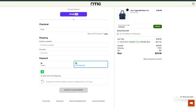 RTIC Outdoors checkout page showing RTIC Outdoors promo code box | Screenshot taken by SimplyCodes community member on Oct 25, 2024