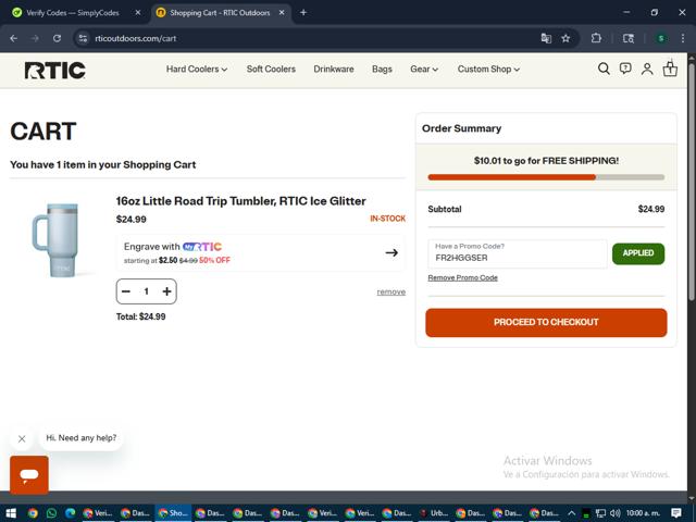 RTIC Outdoors checkout page showing RTIC Outdoors promo code box | Screenshot taken by SimplyCodes community member on Jul 12, 2025