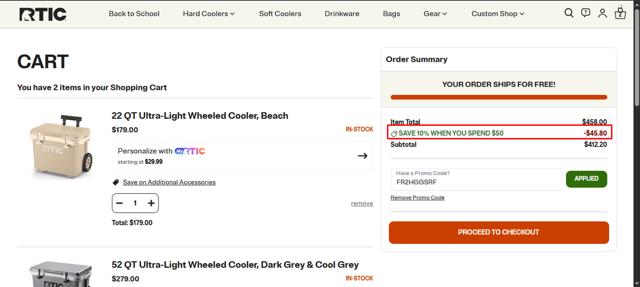 RTIC Outdoors checkout page showing RTIC Outdoors promo code box | Screenshot taken by SimplyCodes community member on Jul 20, 2025