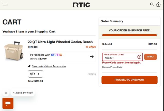 RTIC Outdoors checkout page showing RTIC Outdoors promo code box | Screenshot taken by SimplyCodes community member on Jul 23, 2025
