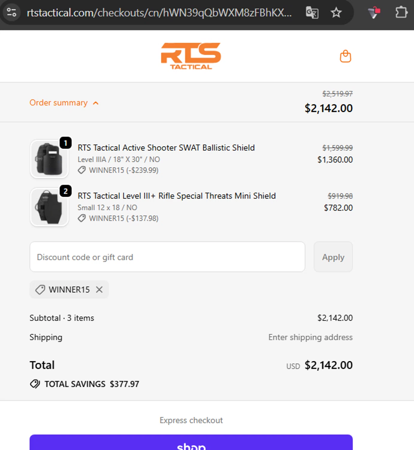RTS Tactical discount code screenshot showing code winner15 applied at RTS Tactical checkout page. Uploaded by SimplyCodes community member LaCalix3000 on Sep 19, 2025