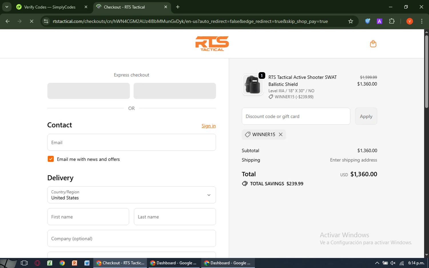 RTS Tactical discount code screenshot showing code winner15 applied at RTS Tactical checkout page. Uploaded by SimplyCodes community member SavingsCaptain8190 on Oct 16, 2025