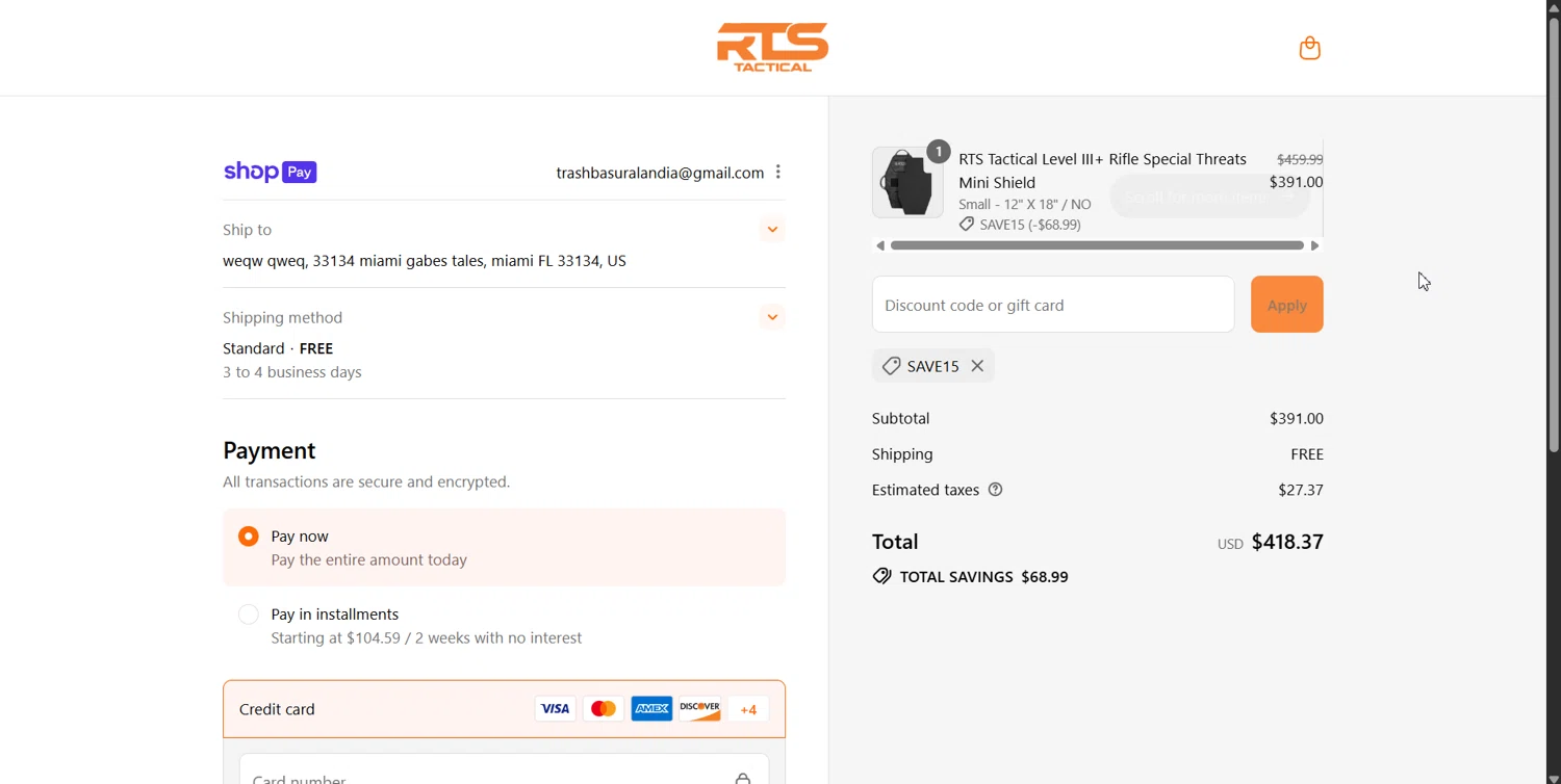 RTS Tactical discount code screenshot showing code Save15 applied at RTS Tactical checkout page. Uploaded by SimplyCodes community member ArthurMorgan on Aug 7, 2025