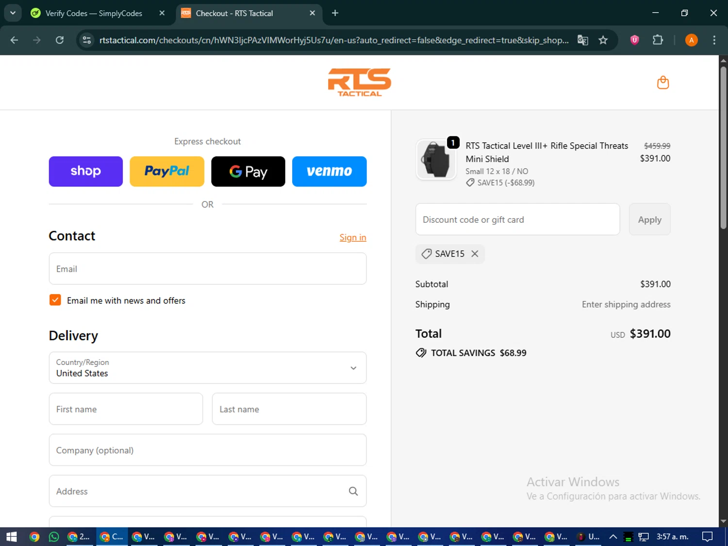 RTS Tactical discount code screenshot showing code Save15 applied at RTS Tactical checkout page. Uploaded by SimplyCodes community member MoneyPhoenix4664 on Sep 23, 2025