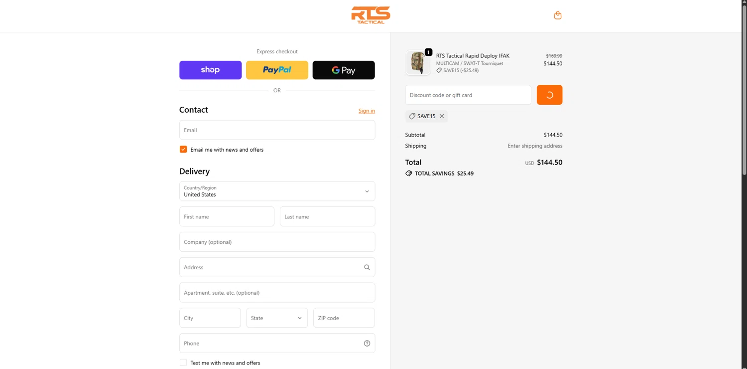 RTS Tactical discount code screenshot showing code Save15 applied at RTS Tactical checkout page. Uploaded by SimplyCodes community member SavingsPioneer4533 on Oct 21, 2025
