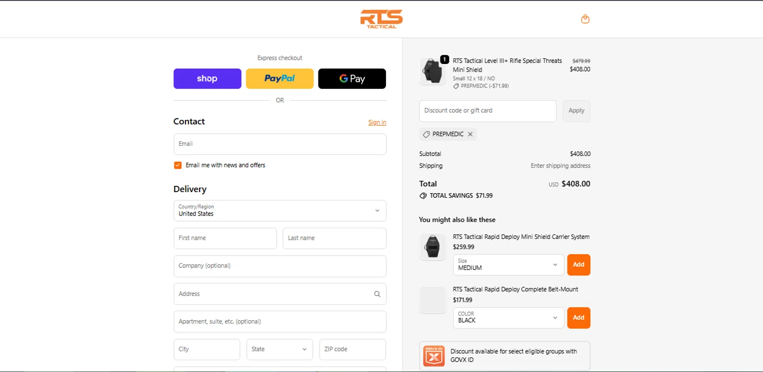 RTS Tactical checkout page showing RTS Tactical discount code box | Screenshot taken by SimplyCodes community member on Feb 7, 2026