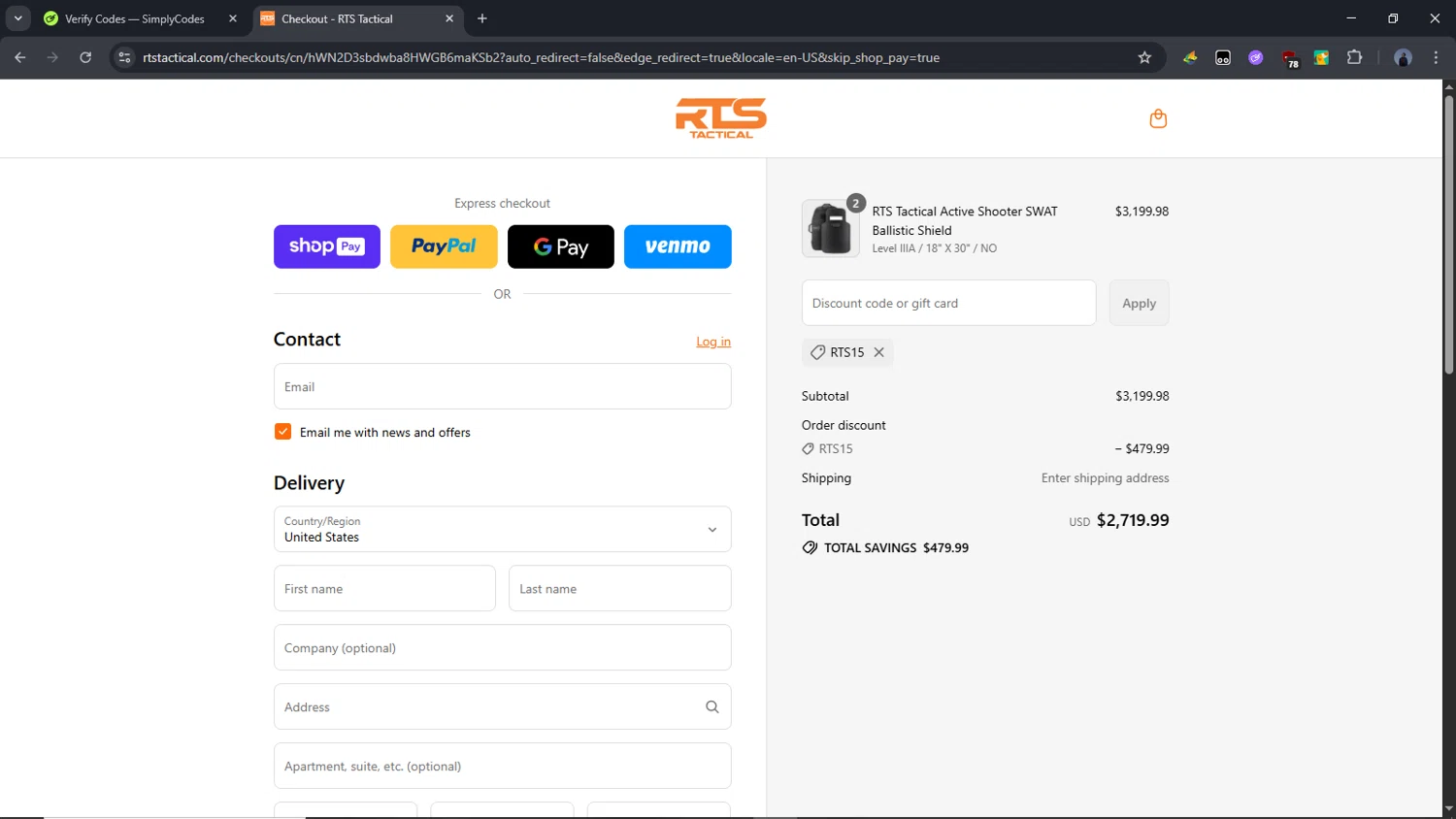 RTS Tactical discount code screenshot showing code Rts15 applied at RTS Tactical checkout page. Uploaded by SimplyCodes community member Time_sin_filtro on Aug 25, 2025
