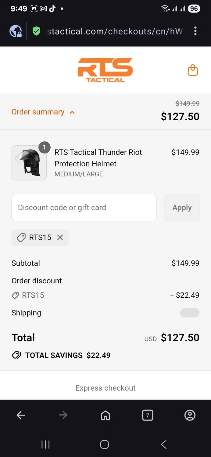 RTS Tactical discount code screenshot showing code Rts15 applied at RTS Tactical checkout page. Uploaded by SimplyCodes community member vida5254427716958 on Aug 25, 2025