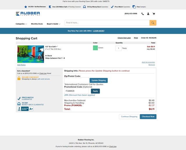 Rubber Flooring checkout page showing Rubber Flooring promo code box | Screenshot taken by SimplyCodes community member on Feb 6, 2023