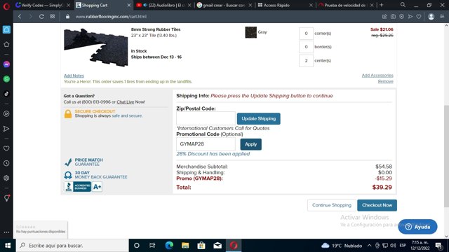 Rubber Flooring checkout page showing Rubber Flooring promo code box | Screenshot taken by SimplyCodes community member on Dec 12, 2022