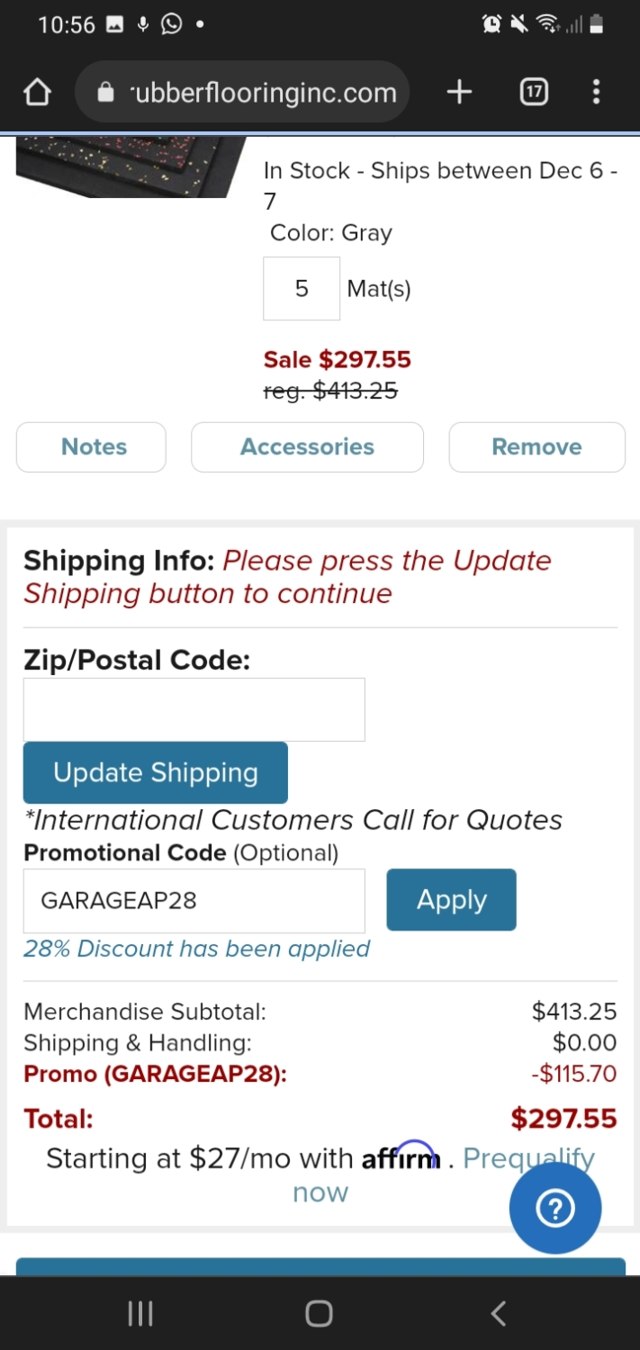 Rubber Flooring checkout page showing Rubber Flooring promo code box | Screenshot taken by SimplyCodes community member on Dec 4, 2022