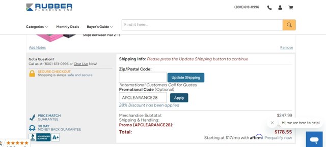 Rubber Flooring checkout page showing Rubber Flooring promo code box | Screenshot taken by SimplyCodes community member on Mar 1, 2023