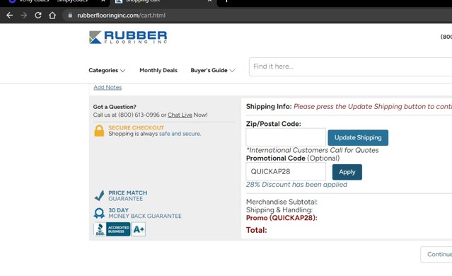 Rubber Flooring checkout page showing Rubber Flooring promo code box | Screenshot taken by SimplyCodes community member on Feb 28, 2023