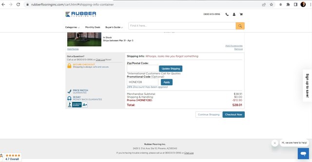 Rubber Flooring checkout page showing Rubber Flooring promo code box | Screenshot taken by SimplyCodes community member on Mar 30, 2023