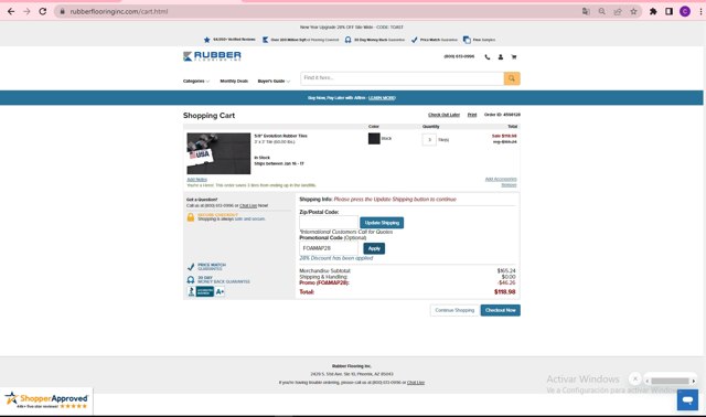 Rubber Flooring checkout page showing Rubber Flooring promo code box | Screenshot taken by SimplyCodes community member on Jan 14, 2023