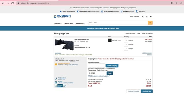 Rubber Flooring checkout page showing Rubber Flooring promo code box | Screenshot taken by SimplyCodes community member on Dec 24, 2022