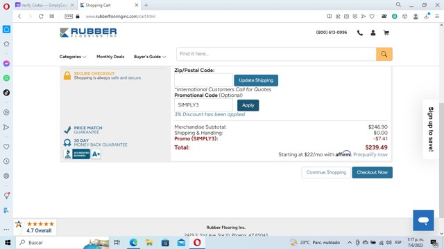 Rubber Flooring checkout page showing Rubber Flooring promo code box | Screenshot taken by SimplyCodes community member on Jun 7, 2023