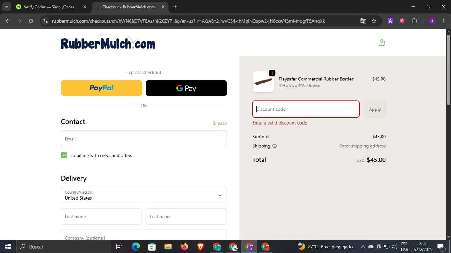 Rubber Mulch discount code screenshot showing code BLACK10 applied at Rubber Mulch checkout page. Uploaded by SimplyCodes community member DiscountLegend6670 on Dec 8, 2025