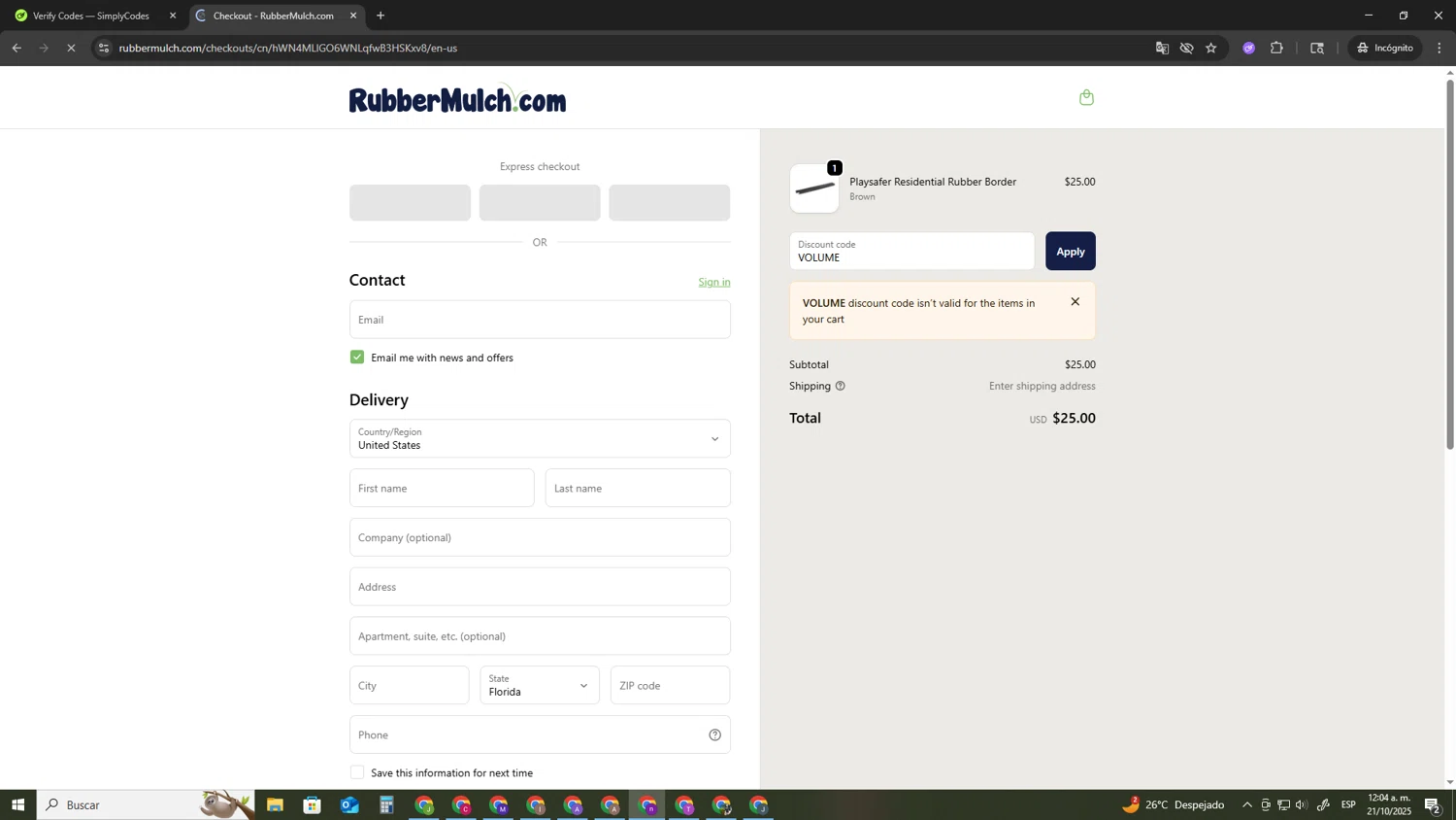 Rubber Mulch discount code screenshot showing code VOLUME applied at Rubber Mulch checkout page. Uploaded by SimplyCodes community member AVAMUSTANG on Oct 21, 2025