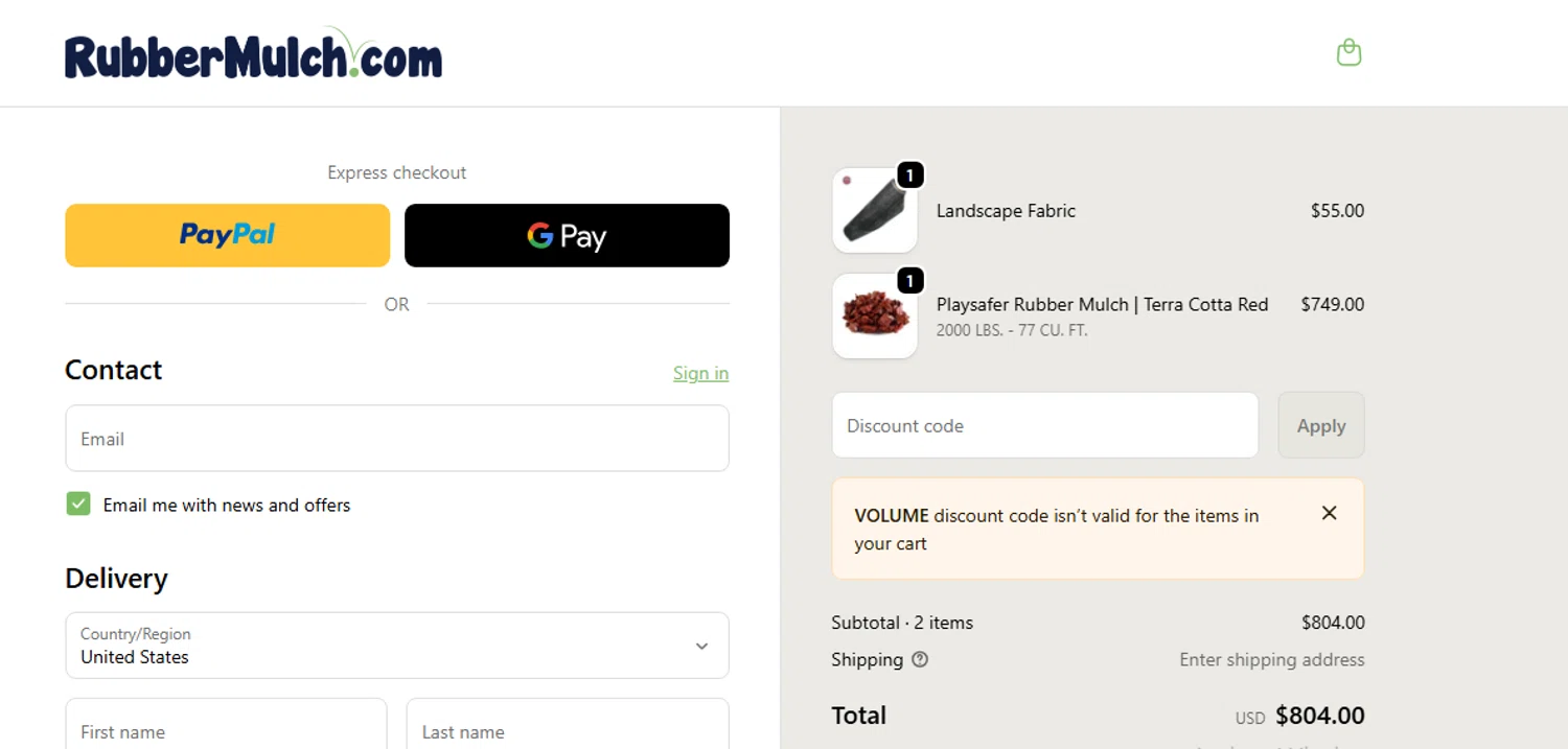 Rubber Mulch checkout page showing Rubber Mulch discount code box | Screenshot taken by SimplyCodes community member on Feb 2, 2026