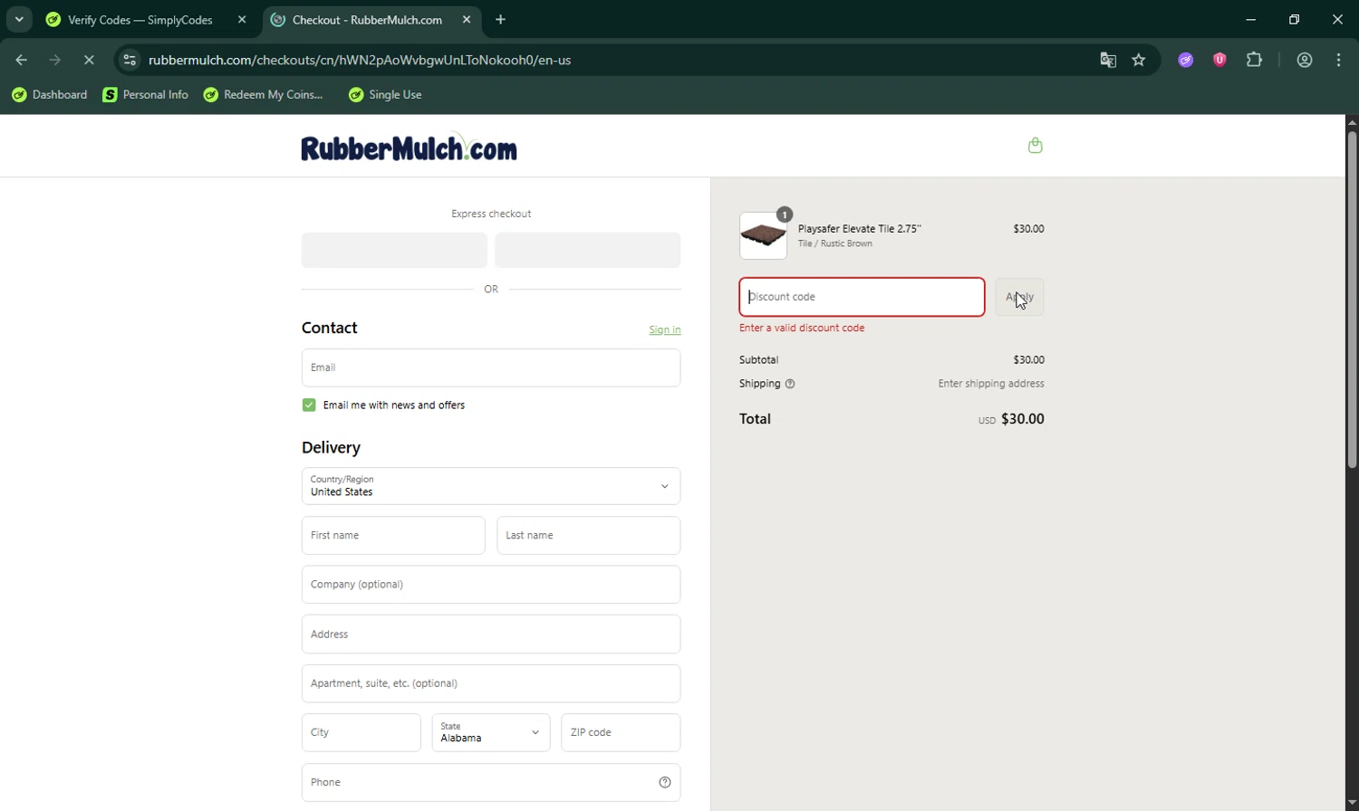 Rubber Mulch discount code screenshot showing code school applied at Rubber Mulch checkout page. Uploaded by SimplyCodes community member LHaunter on Sep 10, 2025