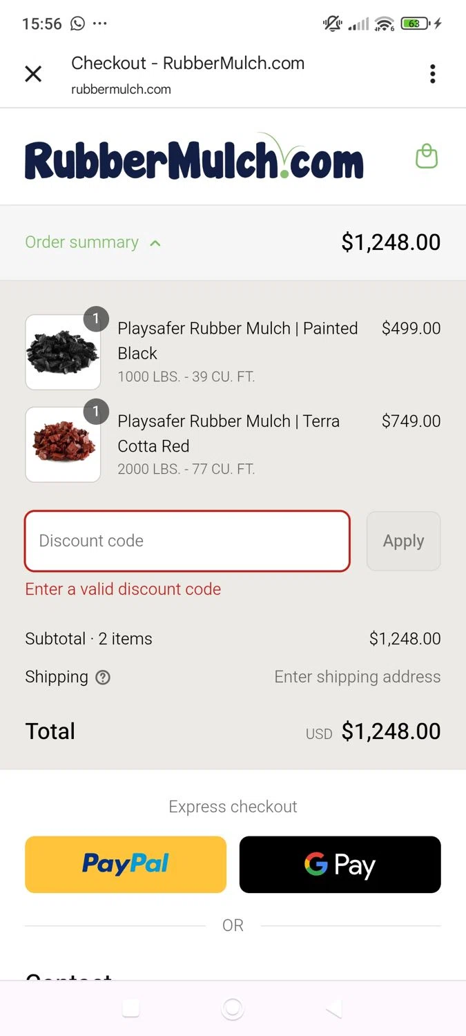 Rubber Mulch discount code screenshot showing code school applied at Rubber Mulch checkout page. Uploaded by SimplyCodes community member ShieldWhiz4659 on Sep 10, 2025