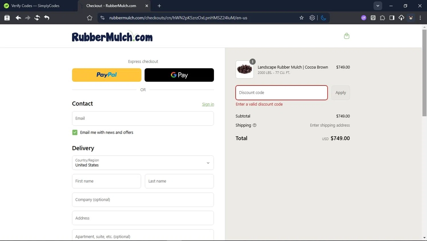Rubber Mulch discount code screenshot showing code school applied at Rubber Mulch checkout page. Uploaded by SimplyCodes community member USER_RANDON on Sep 10, 2025