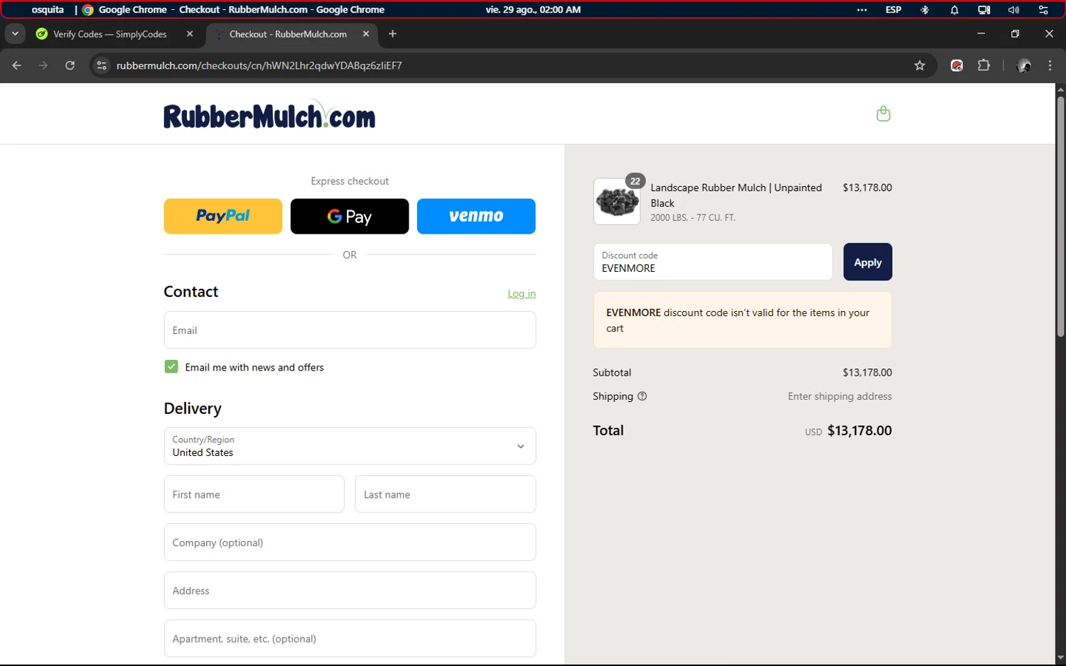 Rubber Mulch discount code screenshot showing code EVENMORE applied at Rubber Mulch checkout page. Uploaded by SimplyCodes community member ELMARRON on Aug 29, 2025