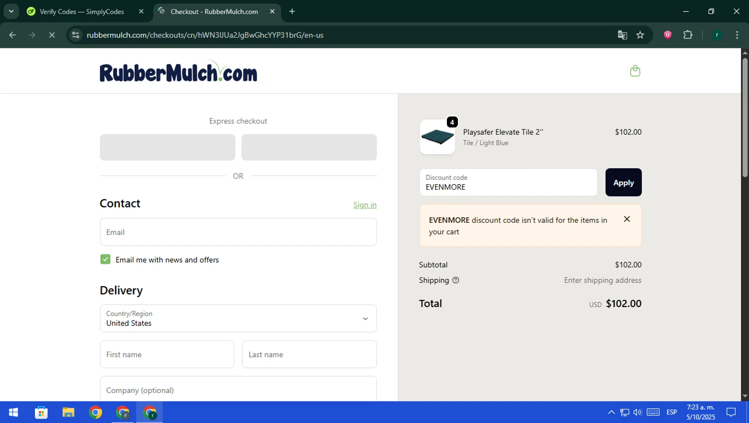 Rubber Mulch discount code screenshot showing code EVENMORE applied at Rubber Mulch checkout page. Uploaded by SimplyCodes community member rodri1 on Oct 5, 2025