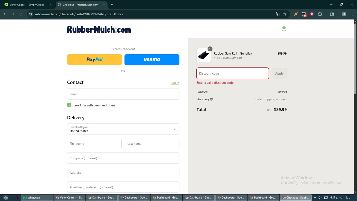 Rubber Mulch discount code screenshot showing code july4 applied at Rubber Mulch checkout page. Uploaded by SimplyCodes community member CashShopper1214 on Jul 12, 2025