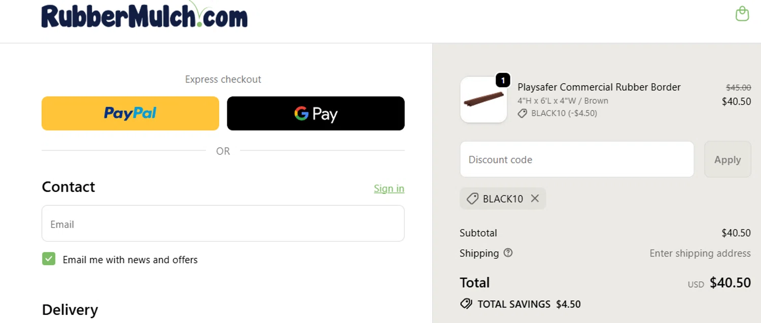 Rubber Mulch discount code screenshot showing code BLACK10 applied at Rubber Mulch checkout page. Uploaded by SimplyCodes community member jesspea on Nov 18, 2025