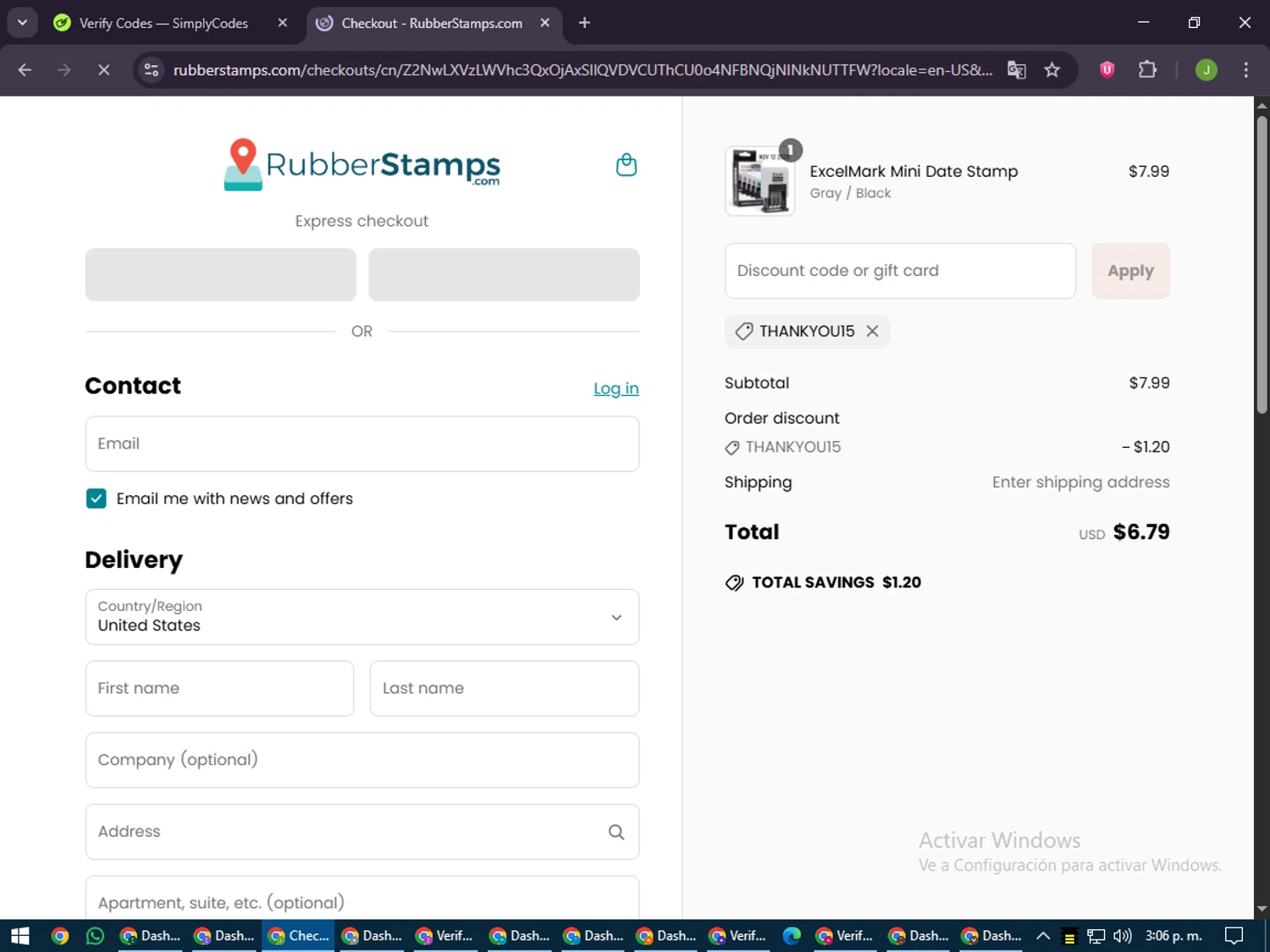 Rubber Stamps discount code screenshot showing code THANKYOU15 applied at Rubber Stamps checkout page. Uploaded by SimplyCodes community member LilBaby on Jun 26, 2025