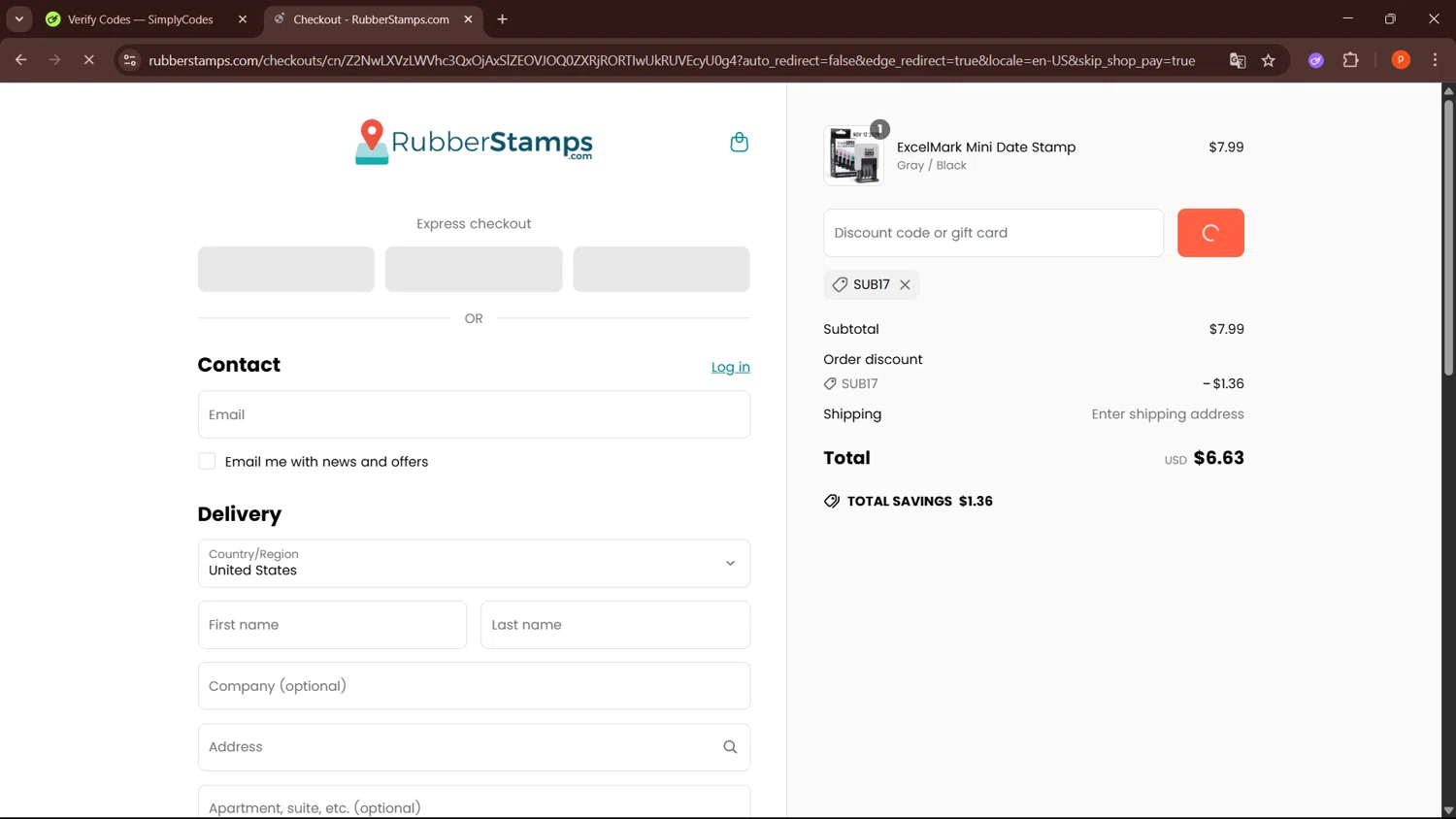 Rubber Stamps discount code screenshot showing code SUB17 applied at Rubber Stamps checkout page. Uploaded by SimplyCodes community member LegendaryPro3698 on May 16, 2025
