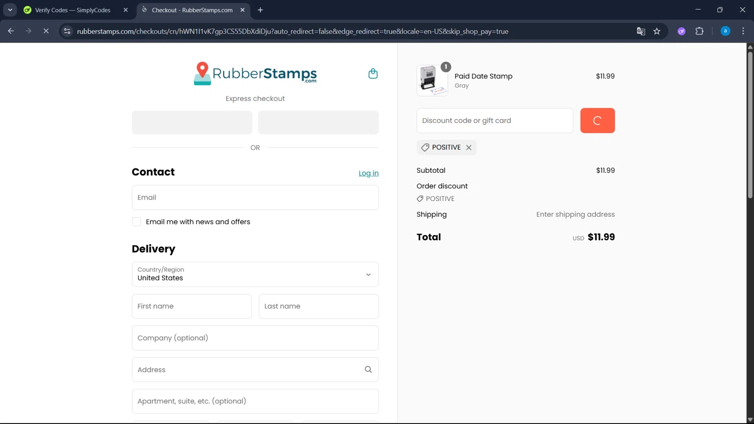 Rubber Stamps discount code screenshot showing code POSITIVE applied at Rubber Stamps checkout page. Uploaded by SimplyCodes community member WiseHawk9255 on Aug 1, 2025