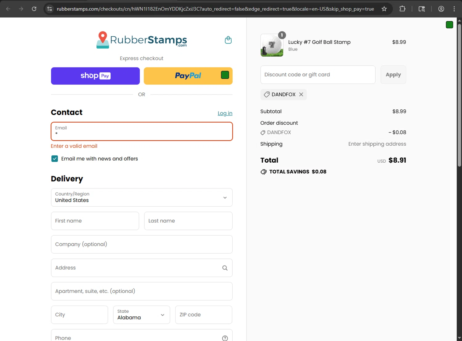 Rubber Stamps discount code screenshot showing code DANDFOX applied at Rubber Stamps checkout page. Uploaded by SimplyCodes community member megagei on Aug 1, 2025